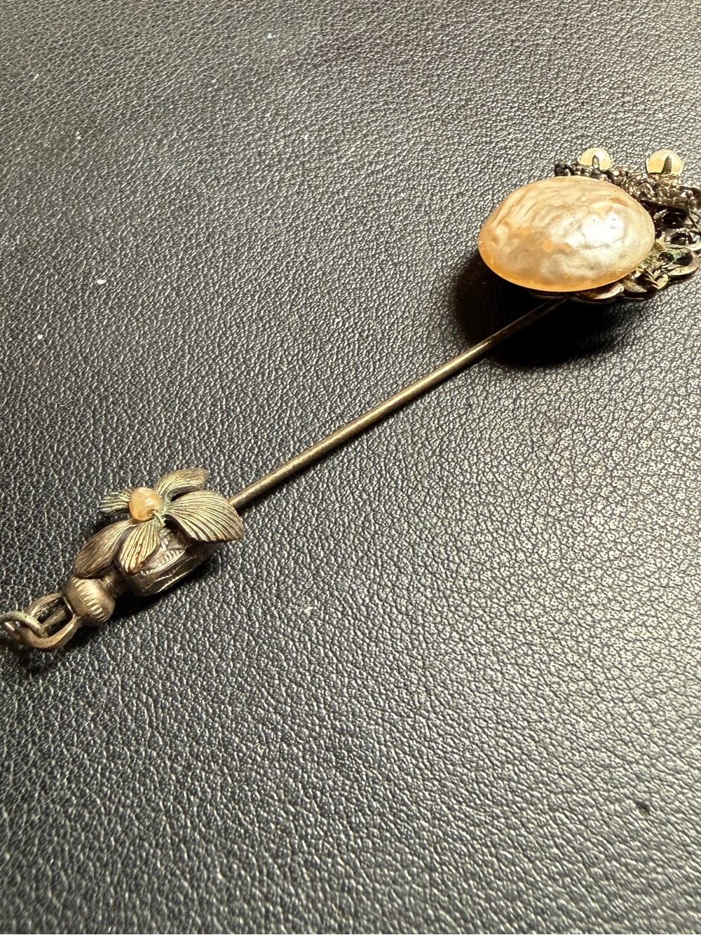1930s Miriam Haskell Gold Tone Floral Faux Pearl Stick Pin Brooch 3 1/4"